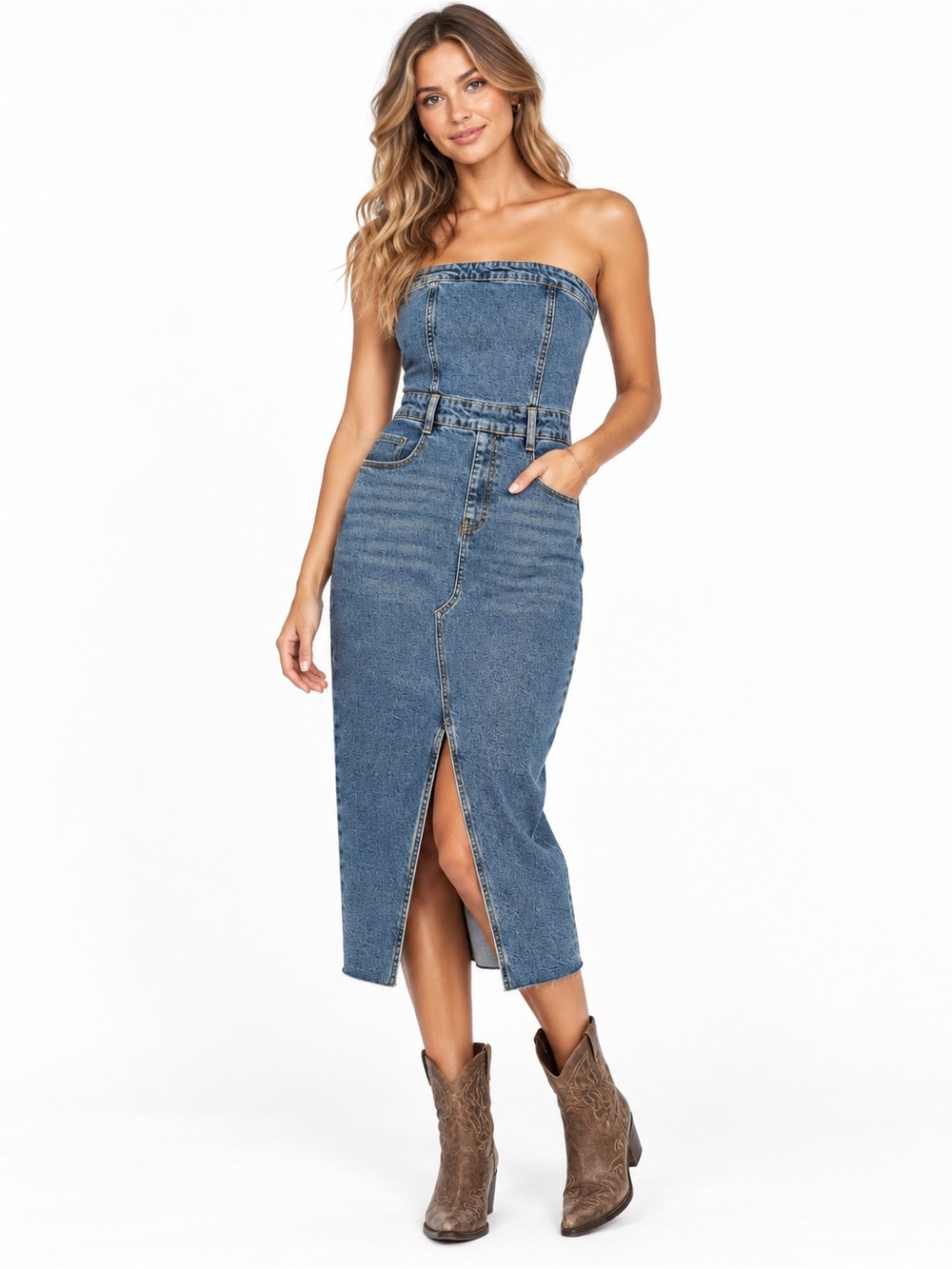NWT GB Strapless Denim Dress Small Blue Midi Bodycon Front Slit Tube Dress